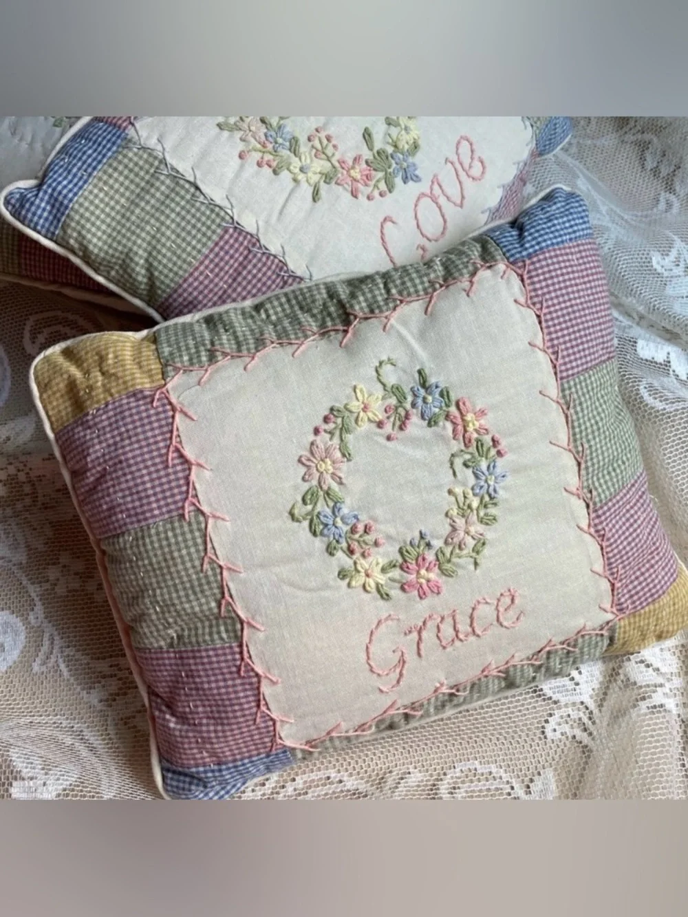 Set of 3 Primitive Quilted Embroidered Pastel Patchwork Decorative Pillows 9”x8”